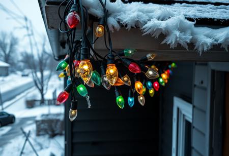 A close-up of a string of multi-colored Christmas light bulbs hanging from the gutter of a dark, neglected house. Many of the bulbs are broken, burned out, or unlit, with only a few dimly glowing. The wires are frayed and loosely draped, and the snow along the gutter is gray and dirty, adding to the sense of decay. Off to the side, part of a desolate suburban street is visible, covered in dirty snow and surrounded by an overcast, lifeless sky. The overall mood is cold, somber, and desolate, emphasizing abandonment and neglect during the holiday season.