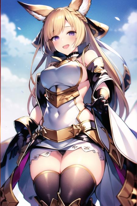 gbfyuisis, best quality, ultra-detailed, masterpiece, finely detail, highres, beautiful detailed eyes, 1girl, dynamic angle, shiny blonde hair, (long hair:1.05), braid, (half up half down:1.15), blunt bangs, (blonde fox ears:1.05), (erune:1.15), (purple eyes:1.10), (black ribbon:1.25), (big black hair ribbon with gold rim:1.25), black choker, (white very short dress:1.25), (white clothes:1.10), armor, breastplate, bare shoulders, (covered navel:1.15), open back, strapless, (very short skirt:1.10), black gloves, black belts, black kneehighs, zettai ryouiki, black panties, boots, (medium breasts:1.05), (blush:1.05), (temptation:1.10), lewd, smile, open mouth, standing, looking at  viewer, (from below:1.25), outdoor, grassland, sunny, (bloom:1.25) <lora:lora_yuisisv4_loha:0.75>