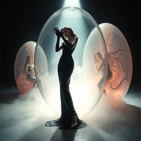 noble norvegian femme fatal lady  standing trying to break free from giant transparent slime egg  encasement,  wearing evening GLOSSY THIN black slime live tentacles gown, GLOVES  and high heels, , surrounded by  weird fog from the floor, captured in light beam from celling,  giant slime covered transparent eggs  with encased ladies at background, breeding chamber,  ultrathin waisT, HORROR,  reminiscent of H.R. Giger, Zdzisław Beksinski, and Ash Thorp's dark, sleek styles, with close-up glamour photography, glossy satin and silver heels glistening, fleshy slime dripping, and dark shadows.