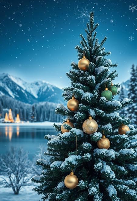 Winter, magical night. Beautiful starry sky. On the shore of a beautiful frozen lake stands an incredibly beautiful New Year tree, in the background in the middle of a fabulous magical winter forest rise huge mountains. On the mountains the snow sparkles in the moonlight., a winter night scene with a beautifully decorated evergreen tree, heavy with fresh white snow. Several decorative Christmas ornaments adorn the branches, including glossy spheres in soft pastel shades of gold and white, delicately decorated with frost patterns. The ornaments emit a warm, inviting glow, contrasting with the cool, deep green of the pine needles and the snow-white background. The soft lighting from the ornaments reflects off the snow, creating a magical atmosphere.