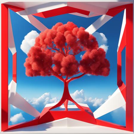 <lora:MirrorsEdge:1>, centered, abstract world, a beautiful tree on floating white and red geometric shapes, 3D, blue sky, clouds, Mirror's Edge style,