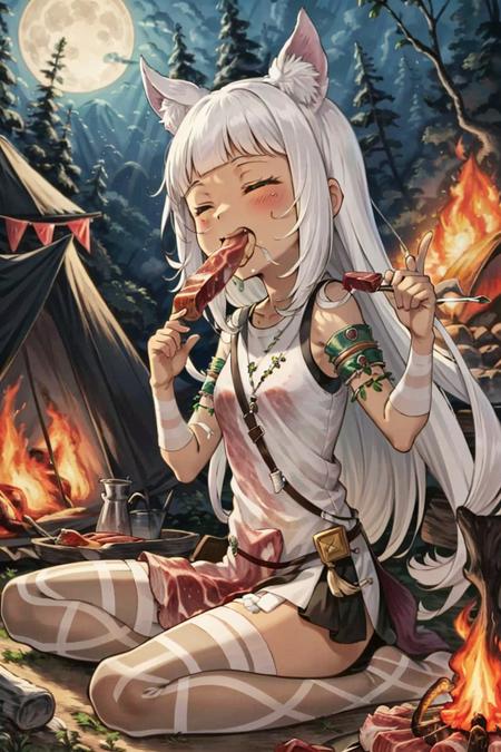 <lora:Ochette-05:1>, Ochette, 1girl, solo, white tank top, pink loincloth, armlet, green eyes, campfire, meat, boned meat, eating, moonlight, closed eyes, ^ ^, happy, masterpiece, best quality,