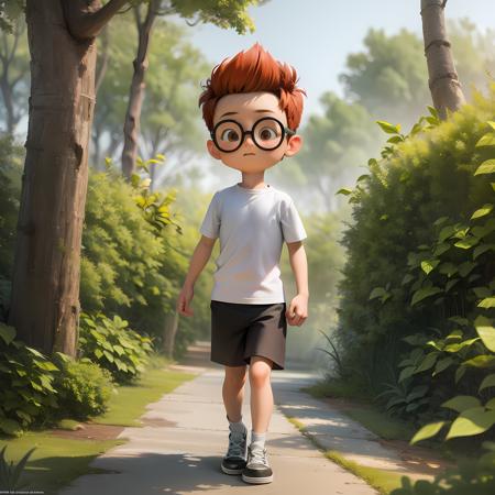 ((masterpiece, best quality)),(complex light), 1boy, full body, solo,child, sherman,red hair,glasses, <lora:sherman_mr_peabody1-10:0.6>,white shirt, black shorts, walking, jungle,