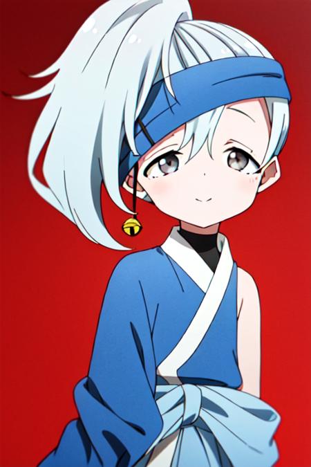 masterpiece, best quality, <lora:kunoichi_kikyou:1> 1girl, solo, grey eyes, grey hair, ponytail, blue headband, single jingle bell, kimono, one long sleeve