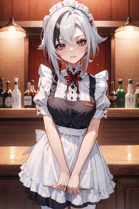 1girl, arlecchino \(genshin impact\), maid, maid headdress, maid apron, embarrassed, open mouth, blush, light frown, looking at viewer, cowboy shot, bar \(place\), indoors, depth of field