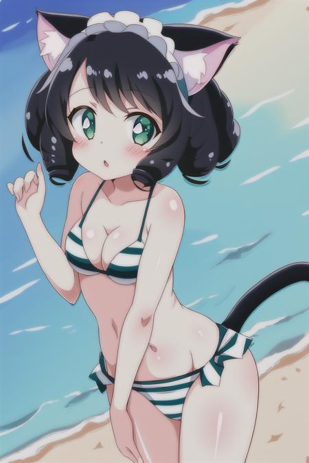 1girl, show_by_rock, cat ears, short black hair, (beach background), striped bikini, cat tail, in underwear, green eyes, curly hair, curls