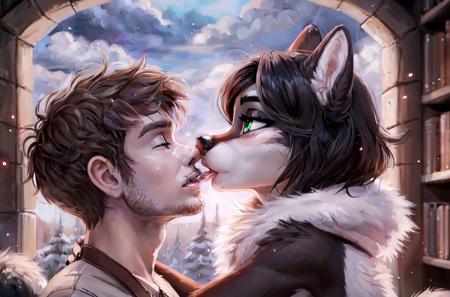 (masterpiece, highest quality, 16k, high quality, best quality:1.3, highres, digital painting \(artwork\), anthropomorphic, furry, uploaded_on_e621:1.4, detailed background, amazing background, light particles), SDNose2Nose, male, female, male/female, human, human_on anthro, side view, eskimo kiss, nose to nose, boop, nose boop, <lora:nose_to_nose-v1:0.7>