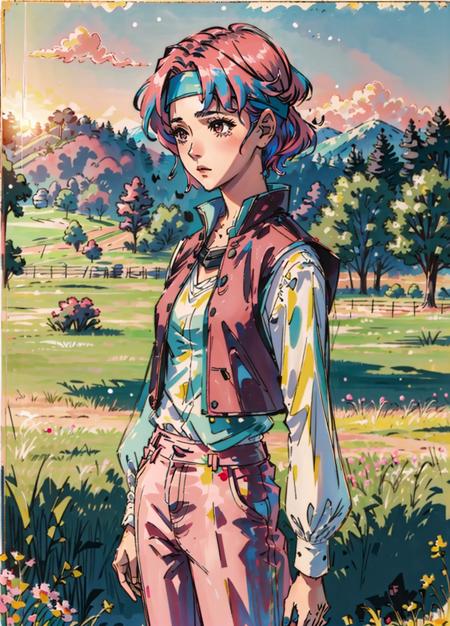 heikevahs,1girl,headband,pink hair,pink pants,vest,standing,in field,outdoors,dawn,farm,masterpiece,best quality,side view, <lora:HeikeVahsV2-09:0.8>