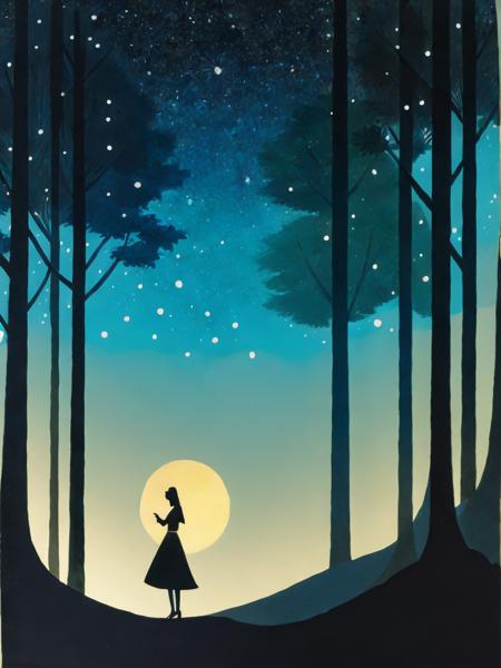 <lora:LotteReiniger:1>a painting of a person standing in a forest at night with a castle in the background by Lotte Reiniger