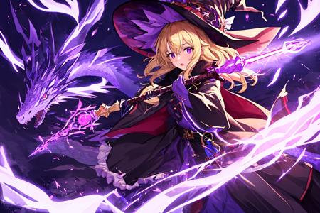 masterpiece, best quality, ultra-detailed, illustration, 1girl, witch hat, purple eyes, blonde hair, wielding a purple staff blasting purple energy, purple beam, purple effects, dragons, chaos