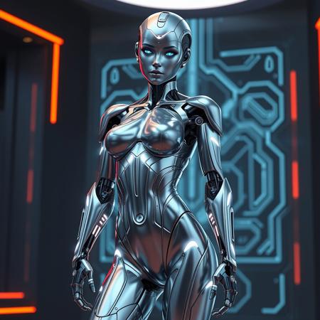 Masterpiece, high definition, 3D full-body render of a sexy robot girl, sleek, futuristic design, smooth, metallic surfaces, polished chrome finish, accented by glowing neon lines along her joints and contours, slender, athletic figure with detailed mechanical components subtly integrated into her arms, legs, and torso. Her face combines human-like features with a robotic touch, with expressive LED eyes and a soft metallic sheen. The design should blend sensuality and advanced technology, with a sci-fi, cyberpunk aesthetic. Background: a dimly lit, high-tech environment with holographic elements.
