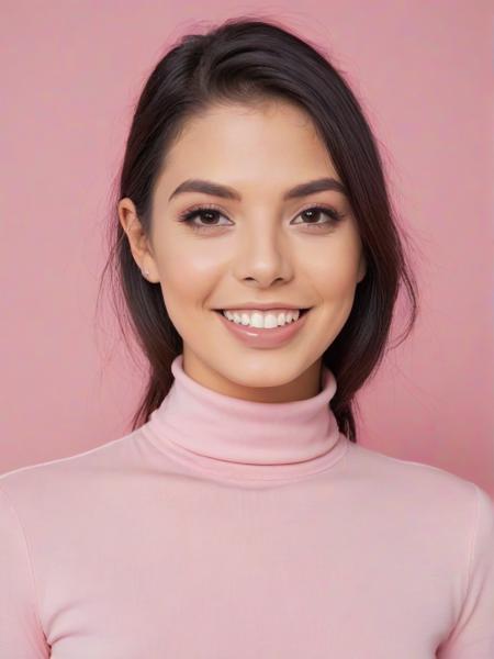 Photo of g1n4v4l3ntn4, smiling, pink turtleneck blouse, white background