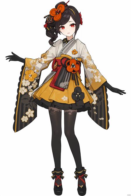 qianzhi, 1girl, gloves, black gloves, hair ornament, japanese clothes, pantyhose, kimono, red eyes, flower, black footwear, multicolored hair,