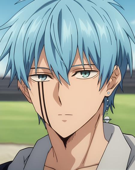 crown_lance blue hair, blue eyes, short hair, hair between eyes, bangs facial tattoo single earring