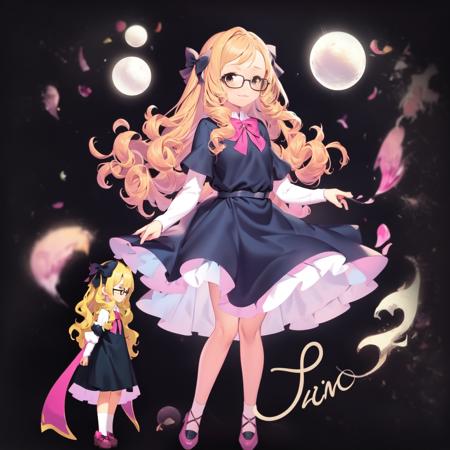 black background,
1 girl, blond hair, full bangs, long curly hair, wearing pink big bow, pink round glasses,: 3, black eyes, pink dress, pink shoes,elf,
simple background,