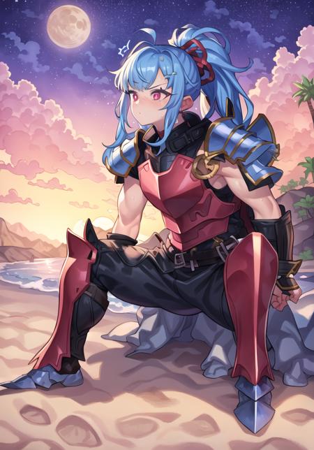 masterpiece, best quality, a portrait of, 1girl, blue hair, armor, knight, ponytail, long hair, red eyes, muscular female, pauldron, fighting pose, BREAK tree, palm tree, sky, star \(sky\), outdoors, scenery, moon, sunset, night, starry sky, mountain, beach, night sky, sand, purple sky, desert, <lora:mimonel:1>