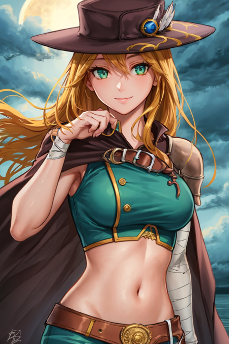 (highly detailed:1.3), 
warriorlady, looking at viewer, smile, navel, closed mouth, upper body, midriff, crop top, moon, bandaged arm, 
Ultra-detail,(highres:1.1),best quality,(masterpiece:1.3),specular lighting,
(highly detailed face and eyes:0.6), <lora:warriorlady-12:0.9>