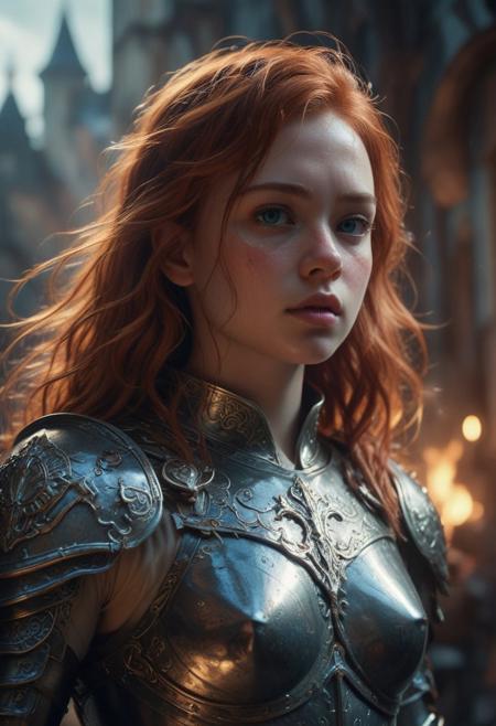 High resolution ultra-realistic of Beautiful Warrior Sadie Sink as Joan of Arc, 8k, capturing the intensity of the moment, cinematic lighting, standing on a bloody and stormy battlefield in bloody battle, wavy red hair, realistic dirty pale face, realistic blue eyes,  beautiful hourglass figure, burning in a medieval Town, intricately designed iron and silver armor, Dark Ages Aesthetic, perfect athletic figure, beautiful Warrior Joan of Arc, fire, ultra realistic, cinematic style, vigorous and seductive, athletic figure, dark fantasy, dramatic lighting, wet and sweaty skin, dirty skin, athletic figure, dark fantasy, dramatic lighting, Greg Rutkowski style,, Warrior Joan of Arc on in iron armor, hyper-detailed, hyper-realistic, bright colours, Attractive 21 old years girl, Attractive, beautiful firm Breasts, sharp focus, digital painting, Photograph Taken on Nikon D750, Alphonse Mucha, 8K, athletic figure, Hyperdetailed, hyperrealism, Attractive, Attractive bust girl, asymmetric balance