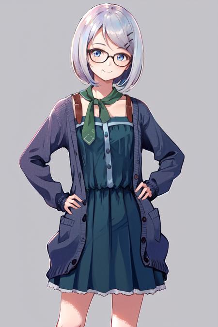 masterpiece, best quality, highres, 1girl glasses hairclip, blue dress neckerchief long sleeves open cardigan <lora:kyouko_okitegami:1> simple background, hand on hip, smile