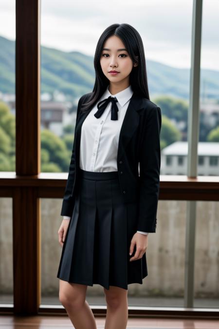 realistic, masterpiece, high detailed skin, looking at viewer, full body shot, scenic view, long hair, black hair
<lora:Black_White_School_Dress_By_Stable_Yogi:0.8> school uniform, black jacket, long sleeves, collared shirt, white shirt, neck ribbon, grey skirt, black socks, footwear