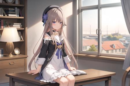 masterpiece, best quality, <lora:GoodHands-vanilla:0.5:NF>1girl,solo,:3, axent wear, cat tail, morncolour, rising sun, window, book, feet on table, cure, bookshelf, caustics,  <lora:hc_5:1>