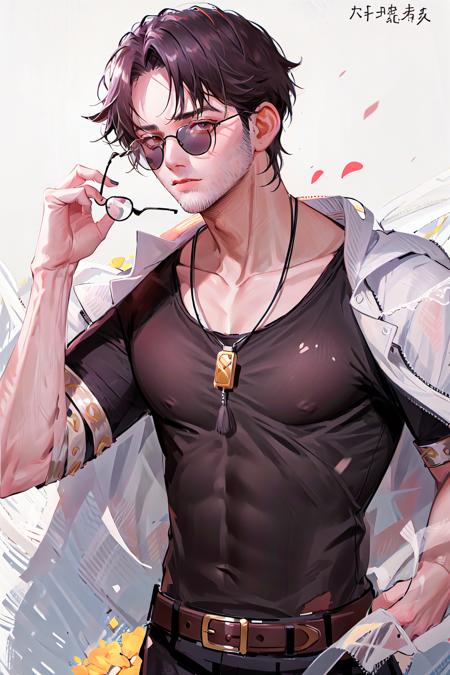 masterpiece,best quality,ultra-detailed,<lora:STF-000006:1>,STF,male_focus,cowboy shot, 
1boy,black hair,Inchhead,short hair,A tuft of beard on the nose, junjie yan,round eyewear, tainted glasses,sunglasses, <lora:junjie-000006:1>