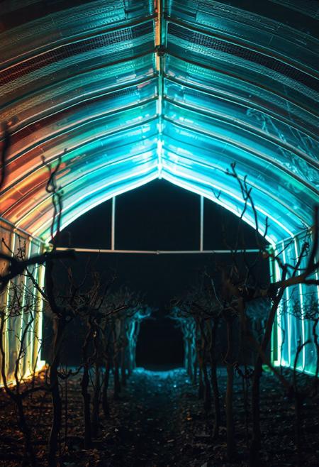 JNANX,luminous white silhouette,cyan glow,emerald highlights,flickering outline,dreamlike movement,rippling colors,drifting embers,infinite black background,psychedelic colors,ethereal,futuristic surrealism,gw,glowing,night,night sky,trippy,
 Capture the interior of a typical arched-roof greenhouse used for cultivating grapes, possibly Shine Muscat, in the Buyeo region of South Korea. The metal frame of the greenhouse creates a repeating pattern of lines converging in the distance. Bare, pruned grapevines are the main subject, their woody branches twisting and reaching along support wires. The ground beneath the vines is littered with dry leaves. Sunlight streams through the translucent roof, illuminating the scene with a cool, daytime light.