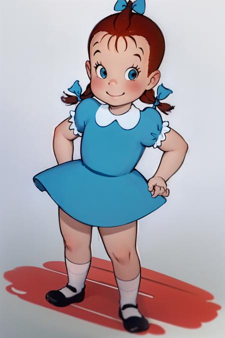 laudrey, 1girl, dress, solo, brown hair, bow, hair bow, blue dress, child, smile, short sleeves, socks, shoes, short hair, twin braids, puffy sleeves ,looking at viewer, standing,   <lora:Audrey-000008:0.7>