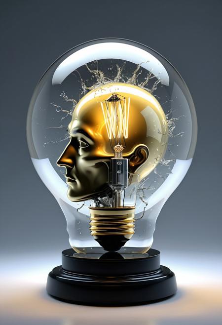 Salvador Dali-inspired digital painting, light bulb encasing an antique head in a stylistically spherical glass enclosure, centrally positioned against a backdrop of ethereal splashes, silver screw base at bottom right, filament extending diagonally, creating a futuristic and innovative mood, otherworldly atmosphere, metallic components emphasized, filament as narrative element, digital render, ultra fine, dramatic lighting.