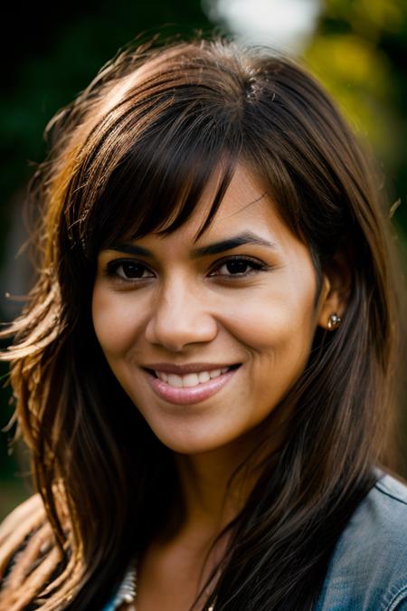 Realistic photo of a beautiful h4ll3b-v2 woman,   1girl, solo, long hair, looking at viewer, smile, simple background, brown hair, teeth, grin, black eyes, lips, watermark, portrait, realistic, nose, soft lighting, professional Photography, Photorealistic, detailed, RAW, analog, sharp focus, 8k, HD, DSLR, high quality, Fujifilm XT3, film grain, award winning, masterpiece<lora:h4ll3b-v2:1.0>