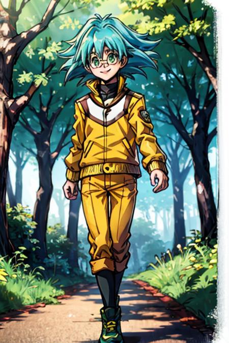 1boy, child, marufujisho, blue hair, short hair, bangs, green eyes, circular glasses, yellow jacket, pants, smile, walking, forest <lora:marufuji_sho:1>