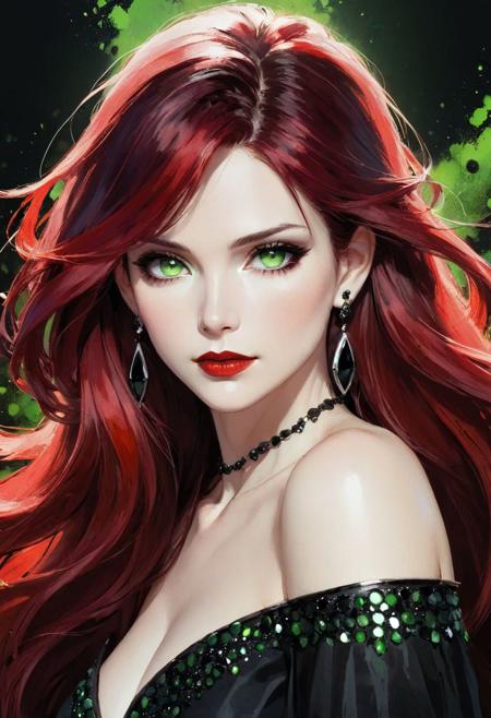 1 girl, solo, beautiful mature women, beautiful women, detailed face, (white skin:1.2), bare shoulder, blushing, (red and black fading long hair:1.2), light green eyes, dark lipstick, dark eyeliner, large ring shaped earing, serious look, ((oil paint texture)), black and red, dark colors, illustration anime, black crystals