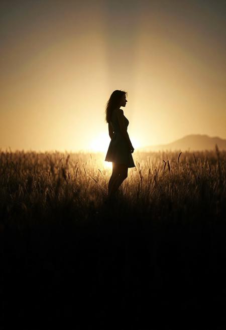 Beautiful woman silhouette on a dark luminescent meadow, shadow art, photorealistic concept art, cinematic lighting, soft natural volumetric effects. 8K UHD, high detail, intricate design, octane render. Radiating irresistible charm, perfect composition. Alluring, delicate details. High-quality masterpiece. Trending on Artstation.