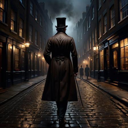 Ultra realistic full body color pencil drawn portrait of  
a man seen from behind, with a top hat and a a long coat, walking through a street of 1850 London, at night. Vibes of Charles Dickens.
BREAK
Deep dark intense brown foggy background,
Dark theme, dynamic lighting, (soft shadows), (soft focus),  (photo realistic), uhd, 8k