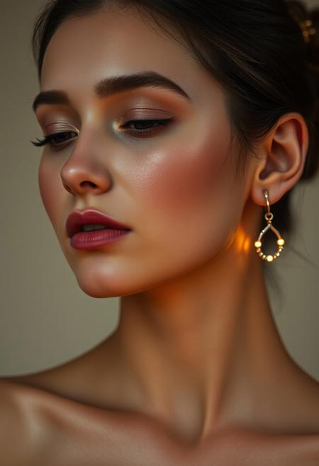 subtle subdermal LED jewelry, natural glow, soft lighting, (warm LED accents:1.3) around the neck and earrings, elegant facial lighting, (embedded LED glow:1.5), minimalist beauty tech, (natural skin tone:1.4), soft makeup look, flawless complexion, warm, glowing skin, high-definition, jewelry infused with soft light, (understated elegance:1.4), (glowing LED accents:1.2) highlighting facial features, ultra-realistic textures, seamless integration of technology, smooth skin, natural glow highlighting cheekbones and jawline, soft, warm lighting around the face, gentle under-skin LED accents, (radiant but natural:1.5), tech-infused beauty, subtle glowing effects from jewelry, delicate light reflections, refined elegance, modern beauty with advanced tech, high-resolution, radiant skin