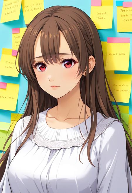 masterpiece, best quality, amazing quality, very aesthetic, absurdres, newest, score_9,score_8_up,score_7_up,score_6_up, Jed-StickyN,
BREAK
YurYuna, red eyes, brown hair, long hair, dress, modest, shawl, beautiful, stoic, covered by sticky notes