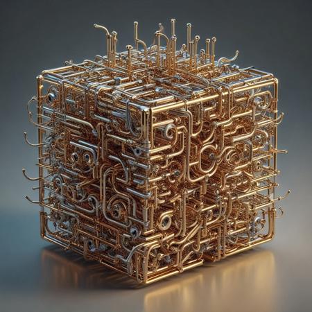 raw photograph of a surreal cube constructed entirely of interwoven brass pipes in qu4ntum style, glowing silver wires spiraling along the edges, intricate golden circuitry engraved across the surfaces, quantum energy pulses radiating softly from its hollow core, set against a dark void with swirling neon energy trails