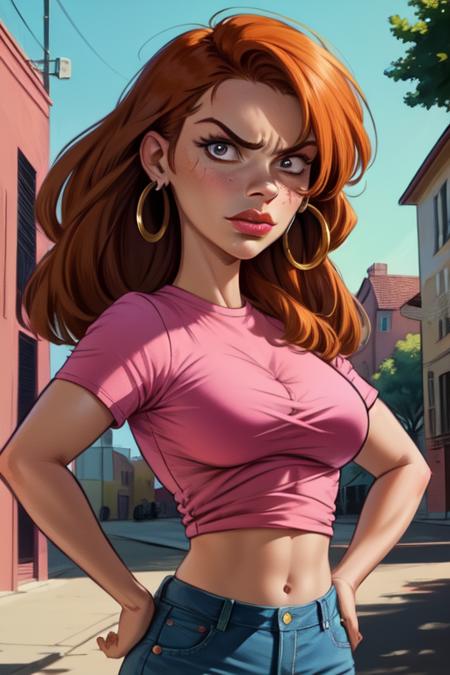 Sarah,oragne hair, lips, serious look,  solo , upper body,   hands on hips, red in the face, 
SarAtt, hoop earrings,midriff , pink shirt, denim jeans, shoes, 
outside, neighborhood,  cartoon, morning, 
(insanely detailed, beautiful detailed face, masterpiece, best quality) <lora:Sarah-ED-10:0.7> <lora:Crazy_ExpressionsV2:0.7>