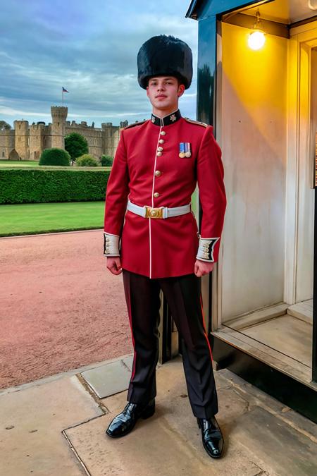 Windsor Castle in the background, standing next to a guard house, JackWindsor wearing (kg_uniform), (((full body portrait))), wide angle <lora:JackWindsor-000008:0.8> <lora:kg_uniform:0.75>