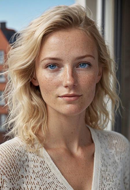 Stunning photo of my 35 year old Danish girlfriend, full body, very pretty, fit, skinny, highly detailed face, highly detailed skin, freckles, many freckles on arms and tits, freckles and moles all over body, natural breasts, perfect breasts, hard nipples, Rounded ass, white blonde hair, pubic hair, messy hair, medium hair, blue eyes, on balcony of her apartment in Kopenhagen, natural light, in love, very detailed skin, highly detailed face, ultra realistic, extremely detailed Unreal engine 5, 8k resolution, ultra photorealistic