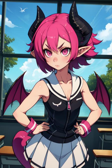 Raspberyl,pointy ears, black horns, pink eyes, solo, hands on hips, cute expression, 
 jacket white sailor collar, zipper, white skirt, wrist cuffs ,black thighhighs , bat wings on back, demon tail above buttocks, skull,  bare shoulders, sleeveless,
upper body, classroom, windows, 
(insanely detailed, beautiful detailed face, masterpiece, best quality) 
 <lora:Raspberyl-10V5:0.7>