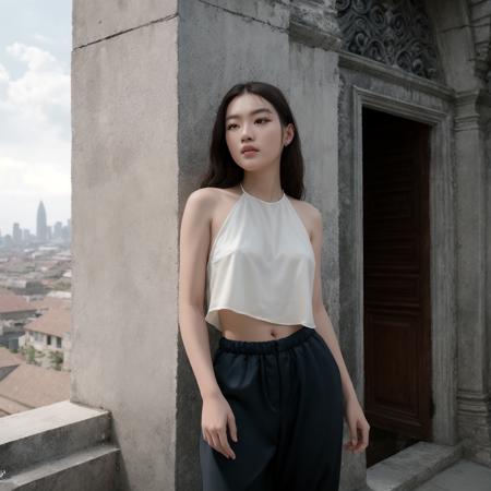 (((solo))) (ultra photorealistic) high quality RAW color professional (half body portrait) photo of a Vietnamese girl 18 years old, ((hyperrealistic aoyem<lora:AoYem_V4_Locon:1>)), wearing yellow aoyem clothes, wearing (long pants), (stand on the ancient city), (hyperrealistic the ancient city background), ((detailed full lips)), ((hyperrealist high detailed hair)), (looking at viewer:1.331), ((visible pores:0.3)), ((high detailed skin:0.9)), (Pale skin oily wet moist shiny sweat:0.8), (uneven skintone veins pale complexion:0.9), intense, modelshoot style, artesian, DSLR, DLSR, art photographer, photographed on a FUJIFILM GFX 100S Camera, Fujifilm GF 63mm lens, F/6 aperture, tele angle, RAW photo ((ultra-detailed)), highly detailed (analog photography), (film grain:0.5), sharp outline, (((sharp focus on face))), (depth of field), POV, 8K, UHD, key light, backlit, diffused soft light, soft lighting, lens flare, natural warm lighting, light from above, (strong front main lighting), crystal clear, high res, photorealistic, depth layering, physically-based rendering, (Ultra detailed)