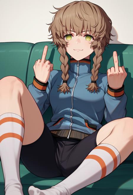 amane suzuha, short hair, twin braids, green eyes, brown hair blue jacket, black shorts white socks