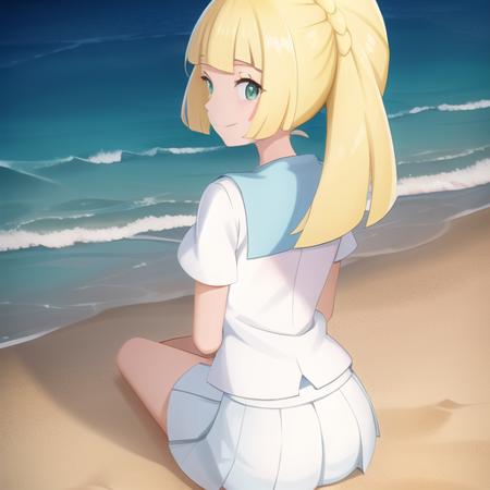 <lora:character_pokemon_lillie_v3:0.5> beach, 1girl, character_pokemon_lillie, solo, sitting, on ground, arm support, from behind, from side, from above, looking at viewer, looking back, smile, closed mouth, ponytail, shirt, skirt