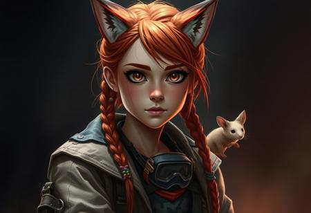 Create an image of a character named Foxy, a young woman with a rugged and resilient appearance, reflecting her life in a post-apocalyptic world. She has red hair styled in braids, with a few colorful beads woven in. Her face shows signs of wear and determination, with a notable absence of pupils in her eyes, giving her a unique and somewhat eerie look. She wears practical, worn-out clothing suitable for survival, including a jacket and goggles around her neck. The background should depict a dimly lit, post-apocalyptic environment, emphasizing the harsh and unpredictable nature of her surroundings. Foxy is often seen talking to her pet rat, Bunny, which only she can see, adding a touch of mystery to her character. The lighting should be dramatic, highlighting her unique features and the stark reality of her world.