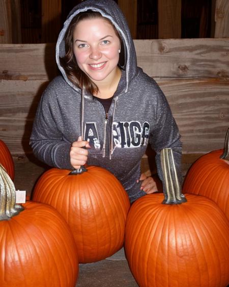 a college student wears a dark grey zippered hoodie at a pumpkin farm <lora:brynn:0.95>, ((masterpiece)) (professional photography), best quality, high quality, high-definition, extremely detailed, High detail RAW color photo professional, textured skin, goosebumps, bright eyes