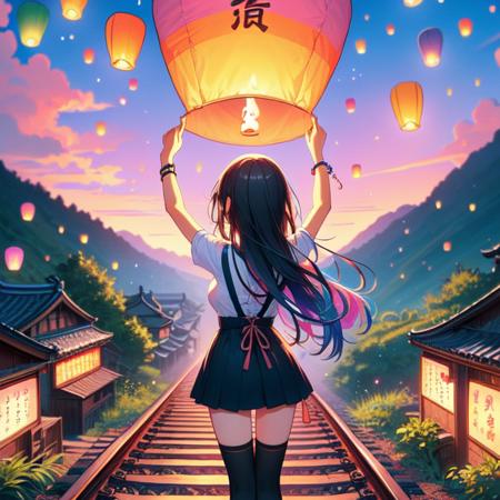 colorful sky lantern with chinese word hands close to fire railway bridge raise head arms up suspender skirt tourists twilight river mount greenery low house