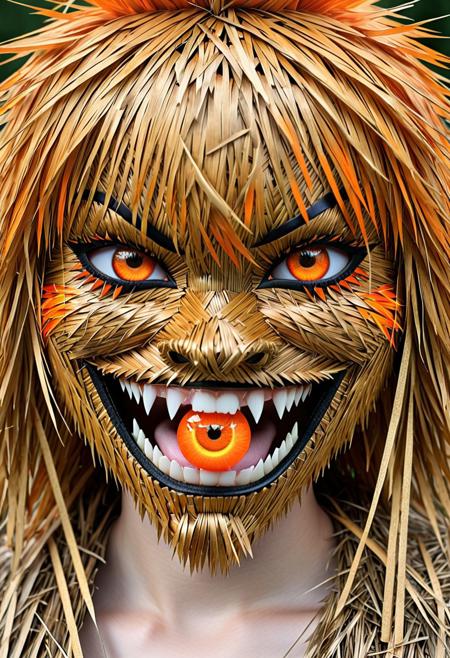 sharp teeth, High resolution, retouching, sharp smile on the mask made of straw, orange eyes, orange hair, cara perfecta,anime,h4l0w3n5l0w5tyl3DonML1gh7,JessicaWaifu, gek,fangs,1face,flaming eye <lora:SDXL\made_of_straws.safetensors:1.0>, (sharp focus:1.2), (realistic texture:1.3), (dynamic composition:1.1), (4k:1.1)