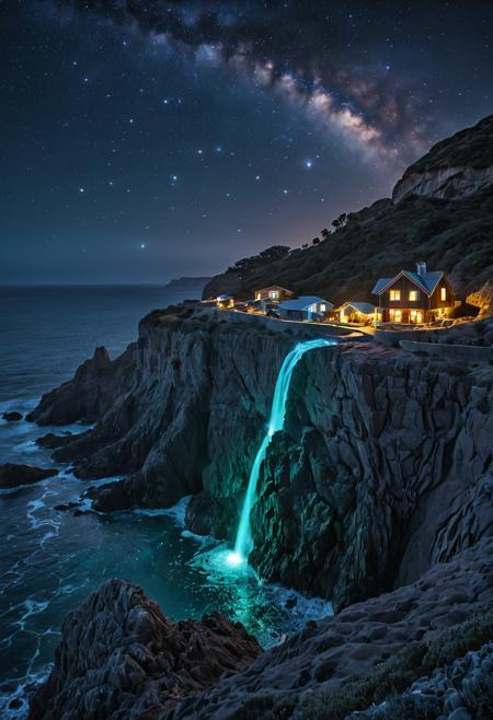 UHD, 4k, ultra detailed, cinematic, a photograph of (masterpiece, best quality), A breathtaking coastal cliff landscape at dusk, the sea water shimmering with glowing bioluminescent foam, the Milky Way full of stars clearly visible in the sky above, no clouds. Scattered along the cliff walls are small futuristic houses with sleek, organic shapes and bioclimatic architecture, perfectly integrated into the natural rock formations, high detail, environmental harmony, cinematic composition, realvision, hdr, 8k <lora:Biolumins:0.5>, epic, beautiful lighting, inpsiring