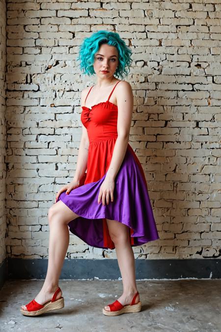 Stable_Yogis_PDXL_Positives,zPDXL3,<lora:sdxl_lightning_8step_lora:1>,(full body photo:1.4),(full body:1.4),(full shot:1.4),(full body shot:1.4),(side view:1.1),(from the side:1.1),,A 25 year old Woman,black eyes,nose piercing,short turquoise wavy hairs,Messy Curly Updo cut,   effect ,albino skin,Dressed in a Red and Purple , a playful skater dress with a flared silhouette, complemented by trendy espadrille sandals for a fun summer outing,Lying on the stomach with chin resting on hands, legs extended, looking playful,Urban Apartment Bedroom with Exposed Brick Wall and Concrete Flooring ,